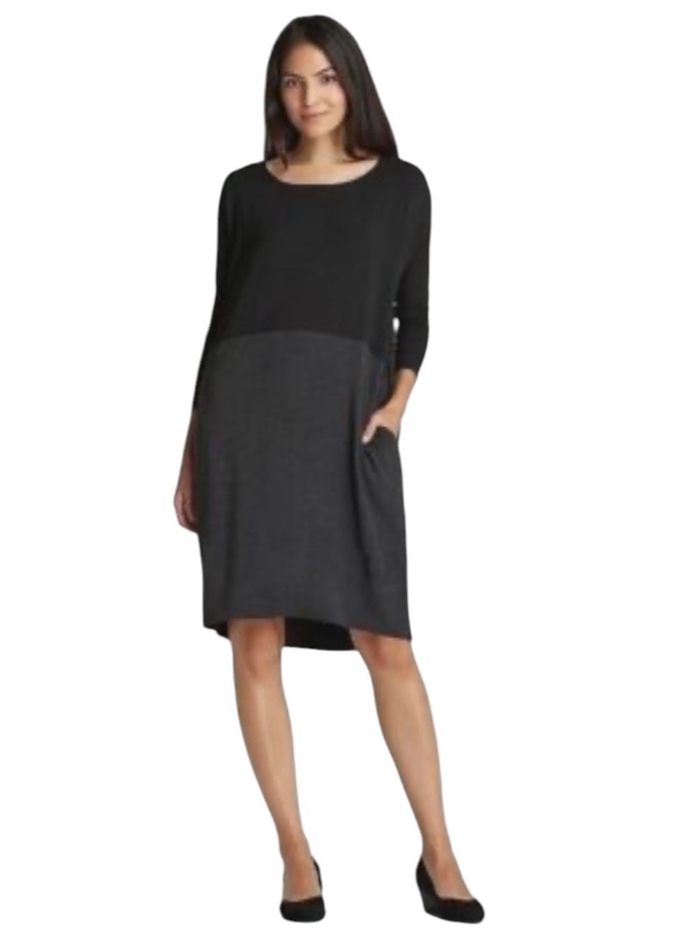 Eileen Fisher black charcoal colorblock long sleeve viscose jersey shift dress